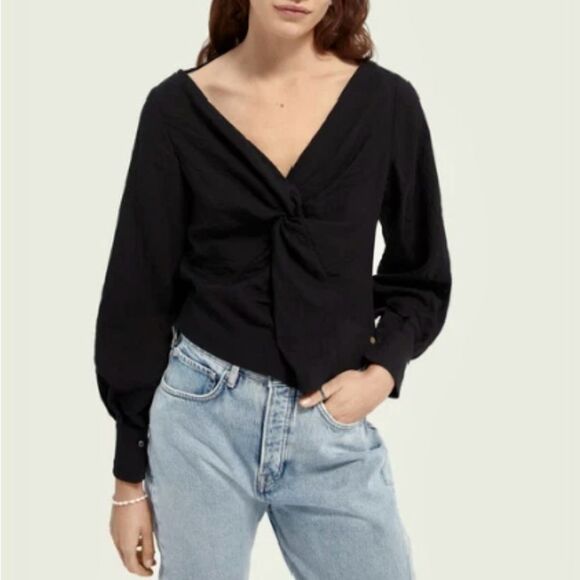 SCOTCH & SODA Women's Long Sleeve V-Neck Twisted Blouse Top Black Size M - Picture 1 of 10